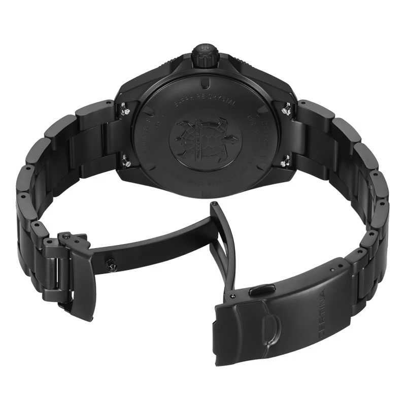 Certina DS Action Diver 38mm Powermatic 80 C048.807.33.051.02 - tył zegarka z widocznym deklem oraz bransoletą