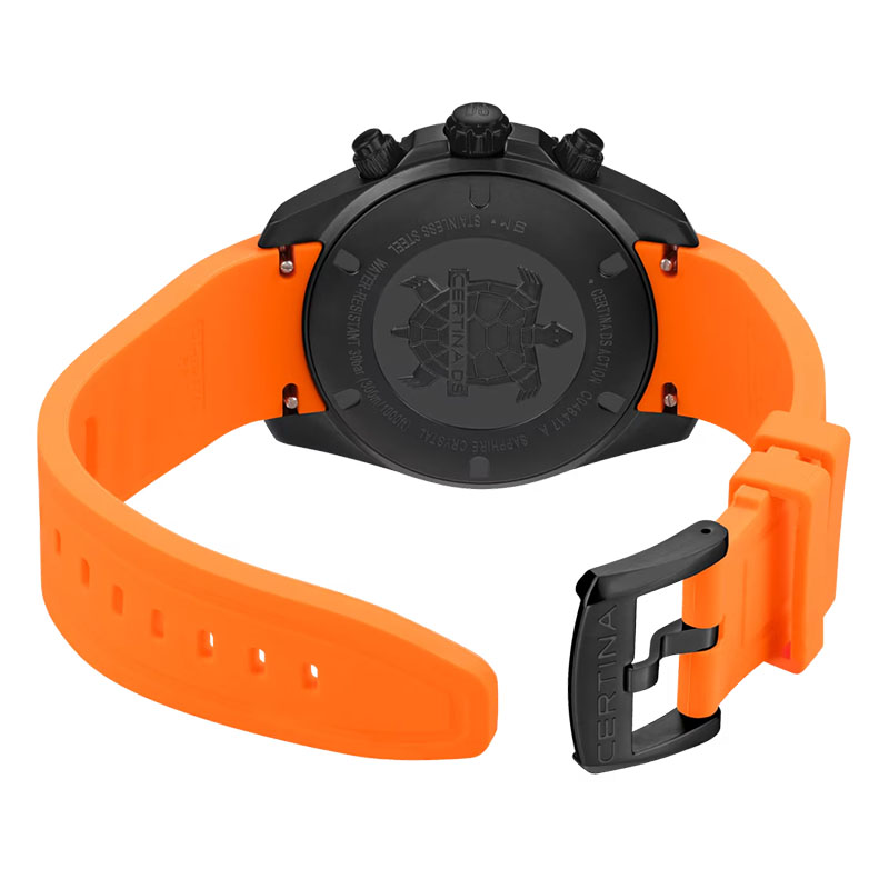 Certina DS Action Chrono C048.417.37.051.03 - tył zegarka z widocznym deklem oraz paskiem