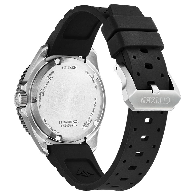 Citizen Promaster Eco-Drive Diver 200M BN0266-07E - tył zegarka z widocznym deklem i paskiem