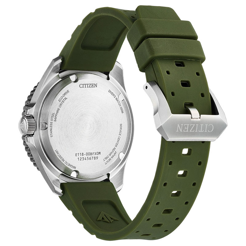 Citizen Promaster Eco-Drive Diver 200M BN0265-00A - tył zegarka z widocznym deklem oraz paskiem