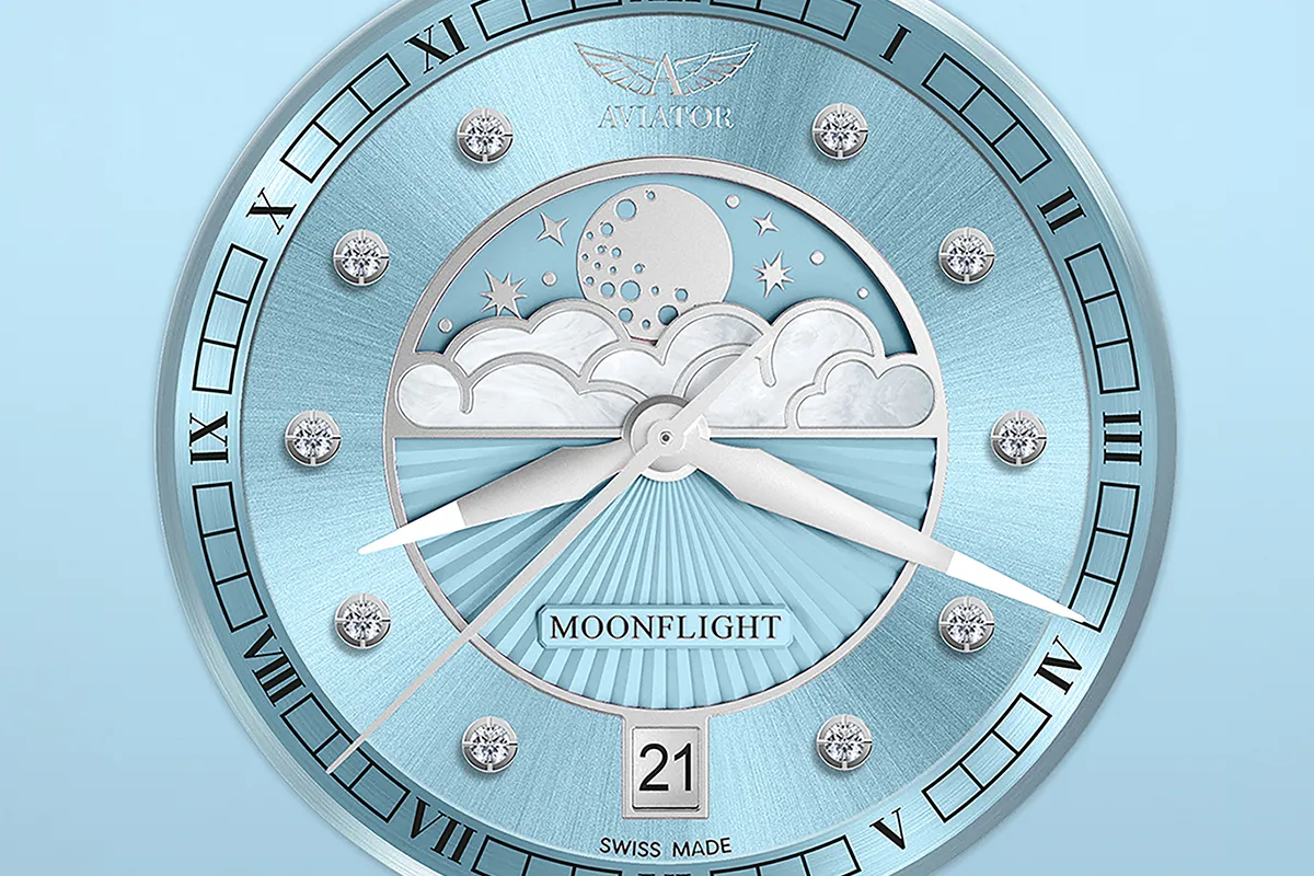 Tarcza Aviator Moonflight z masy perłowej z fazą księżyca, motywem chmur i diamentowymi indeksami w stylu Art Déco