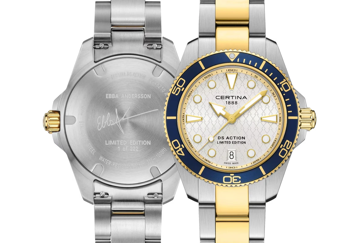 Certina DS Action Ebba Andersson Limited Edition - zegarek ze złotą kopertą PVD i niebieskim obrotowym pierścieniem