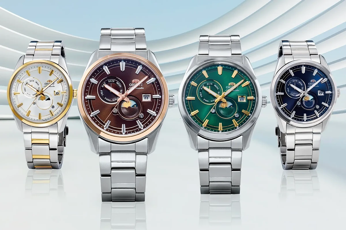 Orient Stretto Day and Night — cała linia modeli z tarczami białą, brązową, zieloną, granatową i wielokolorową
